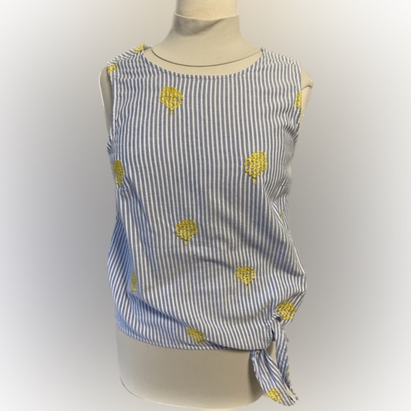J. Crew blue striped, size 4, yellow pineapple embroidered, side tie tank. - Picture 2 of 13